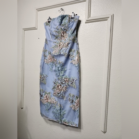 Lulus Upgraded Event Blue Jacquard Strapless Bustier Midi Dress S Wedding Party - Picture 7 of 10